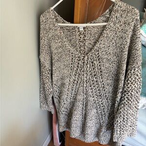 J. Jill Marled Cream and Brown V-Neck Sweater